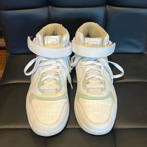 White and Seafoam Green High-Top Sneakers